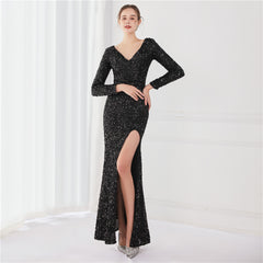 Sequined V-Neck Fishtail Maxi Dress
