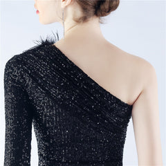 One-Shoulder Sequined Feather Dress