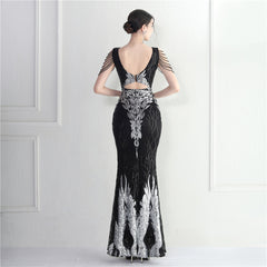 Sequined Beaded Fishtail Maxi Dress