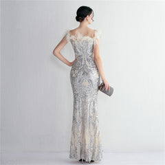 Off-Shoulder Sequined Feather Maxi Dress