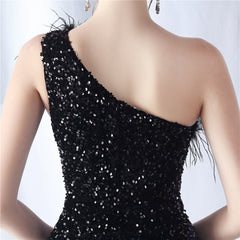 One-Shoulder Feathered Sequin Maxi Dress