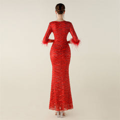 Sequined Feather Fishtail Maxi Dress