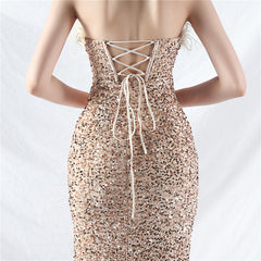 Strapless Feathered Sequin Maxi Dress