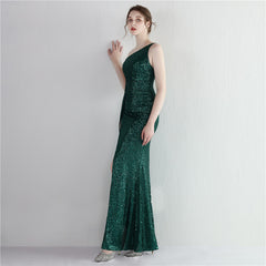 Sequin One-Shoulder Fishtail Maxi Dress