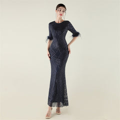 Sequined Feather Fishtail Maxi Dress