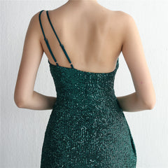 Sequin One-Shoulder Fishtail Maxi Dress