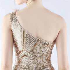 Ostrich Feather Sequined One-Shoulder Maxi Dress