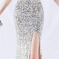 One-Shoulder Sequin Feather Maxi Dress