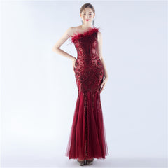 Ostrich Feather Sequined One-Shoulder Maxi Dress