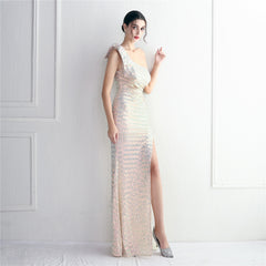 Sequined One-Shoulder Fishtail Maxi Dress