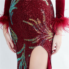 Ostrich Feather Sequined Maxi Dress