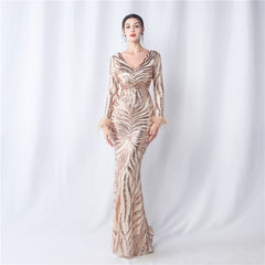 V-Neck Ostrich Feather Sequin Maxi Dress