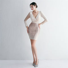 Sequined V-Neck Long-Sleeve Fishtail Dress