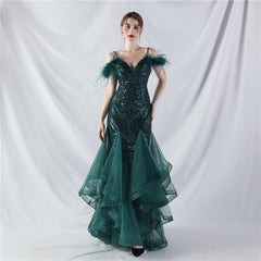 Feathered Sequin Maxi Dress