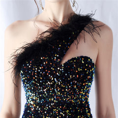 One-Shoulder Feathered Sequin Maxi Dress