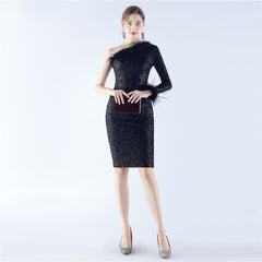 One-Shoulder Sequined Feather Dress