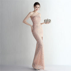 One-Shoulder Sequined Fishtail Split Maxi Dress