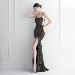 Lace-Up Sequin Split Maxi Dress