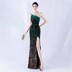 One-Shoulder Sequin Feather Maxi Dress