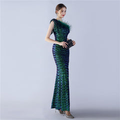 Sequined One-Shoulder Ostrich-Feather Maxi Dress