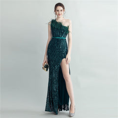 One-Shoulder Feather Maxi Dress
