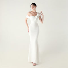 Ruffled One-Shoulder Beaded Fishtail Dress