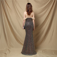 Off-Shoulder Sequin Fishtail Maxi Dress