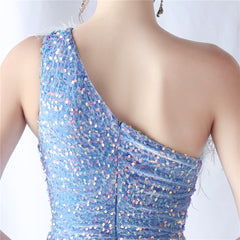 One-Shoulder Feathered Sequin Maxi Dress