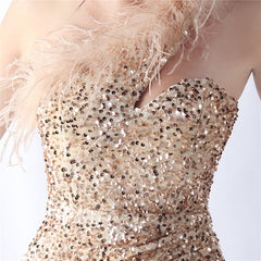 One-Shoulder Feathered Sequin Maxi Dress