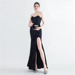 Sequin Boned Strapless Split Maxi Dress