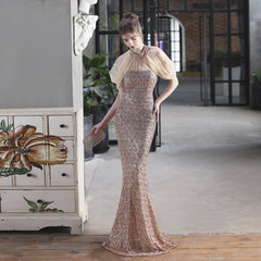 Backless Sequin Mesh Fishtail Maxi Dress
