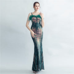 Ostrich Feather Sequin Maxi Dress