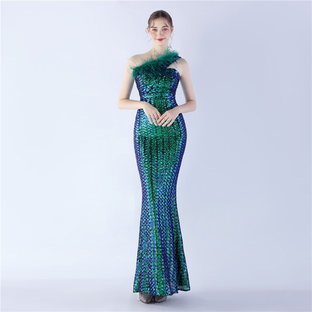 Asymmetric One-Shoulder Sequined Maxi Dress