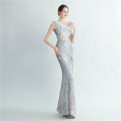 One-Shoulder Sequined Feather Maxi Dress
