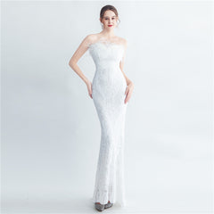 Ostrich Feather Strapless Maxi Dress