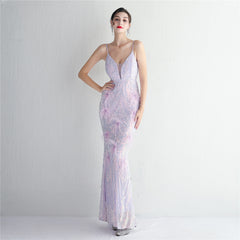 Elegant Sequin Beaded Fishtail Maxi Dress