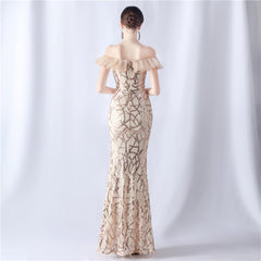 Sequined Embroidered Off-Shoulder Maxi Dress