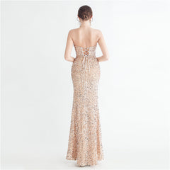 Sequin Boned Strapless Split Maxi Dress
