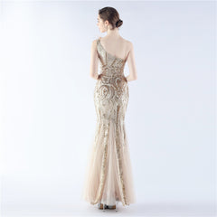 Ostrich Feather Sequined One-Shoulder Maxi Dress