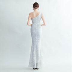 One-Shoulder Sequined Feather Maxi Dress