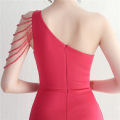 Beaded Rhinestone One-Shoulder Maxi Dress