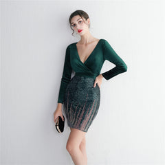 Sequined V-Neck Long-Sleeve Fishtail Dress