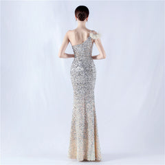 One-Shoulder Sequined Feather Maxi Dress