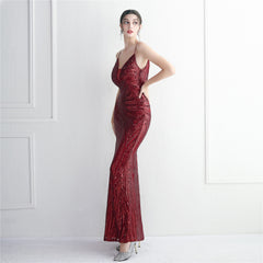 V-Neck Sequined Beaded Maxi Dress