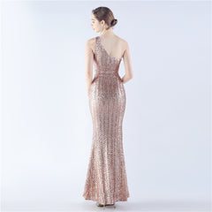 Sequin Beaded One-Shoulder Maxi Dress