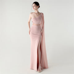 One-Shoulder Ruched Split Maxi Dress