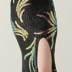 Sequined Beaded One-Shoulder Maxi Dress