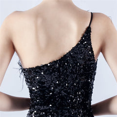 One-Shoulder Sequin Feather Maxi Dress