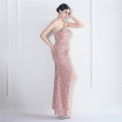 One-Shoulder Sequined Fishtail Maxi Dress