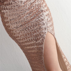 Sequined One-Shoulder Fishtail Maxi Dress